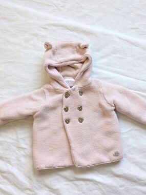 Baby Pink Knit Pea Coat with Bear Hood 6-12M